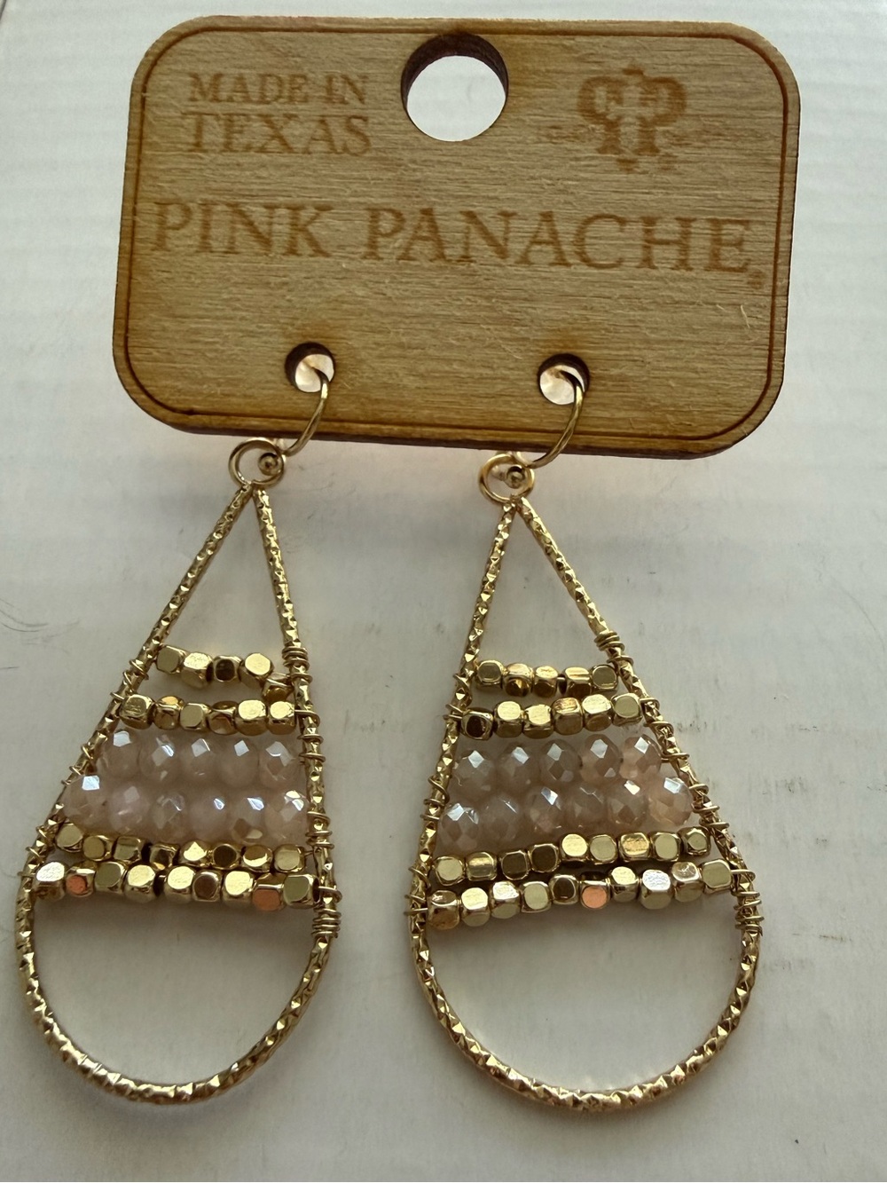 Pink Panache Gold Teardrop Earrings with Blush Pink Beads *NWT